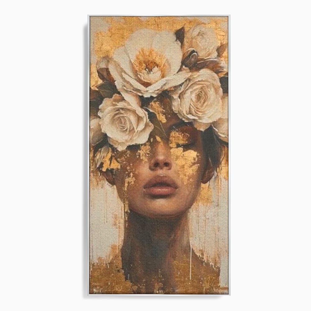 Tablou canvas cu portret feminin cu foita de aur si flori, in rama de aluminiu argintiu